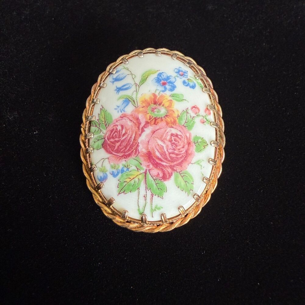 Vintage Limoges Porcelain Floral Brooch Hand Painted Roses Gold Tone Pin